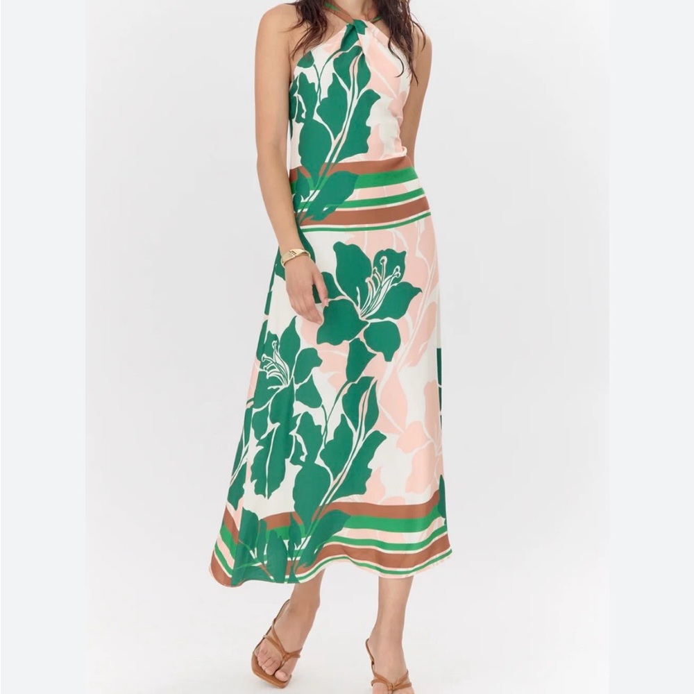 Floral Lyra Green & Blush Midi Halter Dress
